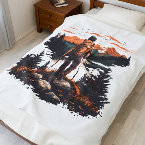 Pedestrian with poles at sunset Velveteen Plush Blanket