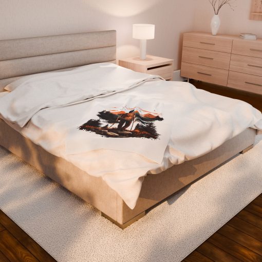 Pedestrian with poles at sunset Velveteen Plush Blanket