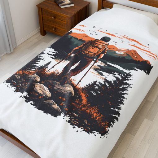 Pedestrian with poles at sunset Velveteen Plush Blanket