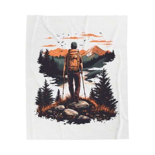 Pedestrian with poles at sunset Velveteen Plush Blanket